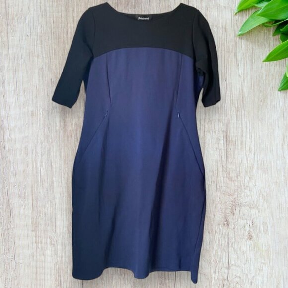 BETABRAND Jet Set Black Blue Colorblock Dress Work 3/4 Sleeve Fitted Dress L - Picture 2 of 6